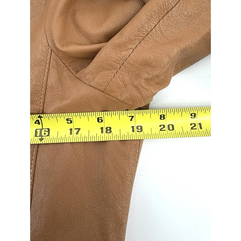 Rem Garson Camel Brown Button Front Leather Jacket Women 12 Sophisticated Money
